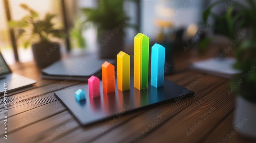 Aufkleber A top-down view of a D bar graph with gradient-colored bars, illustrating increasing data values, against a soft-focus background of office elements for a corporate feel.