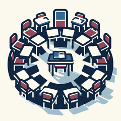 Vector illustration of a conference room with a circular table setup and empty chairs
