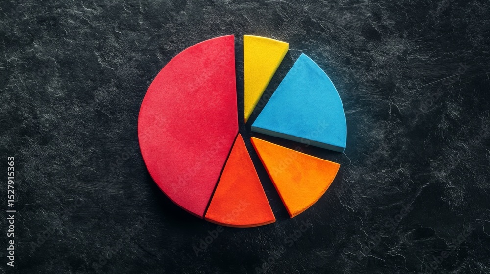 Aufkleber A top-down view of a D pie chart showcasing sales performance, with vibrant segments and shadow effects, set against a textured dark surface for contrast.