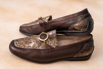 Pair of leather shoes. Brown classic moccasins. Loafers fashion footwear.