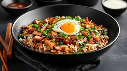 Delicious fried rice with vegetables, meat, and a sunny-side-up egg on top in a black bowl