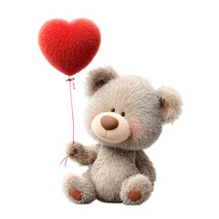 A cuddly brown teddy bear holding a red heart or heart-shaped balloon, a soft toy often isolated on white, symbolizing love and childhood