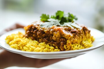 A Hand Holding a Plate of South African Bobotie with Yellow Rice.