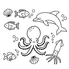 Naklejka premium Simple Line Art Under The Sea Creature Cartoon Illustration