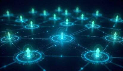 Network of interconnected nodes with glowing figures, symbolizing digital connectivity and communication.