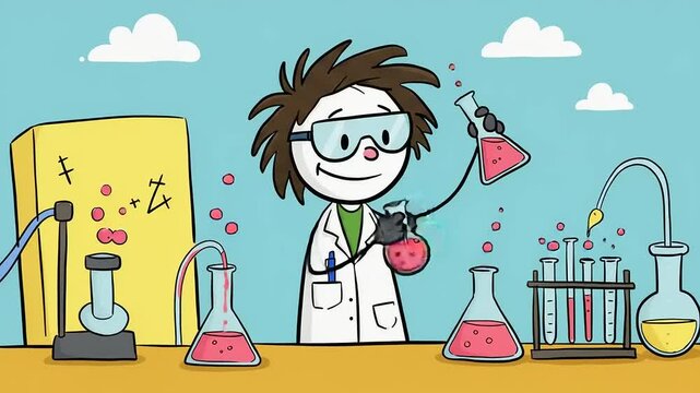 Cartoon Scientist with Beakers and Test Tubes in Laboratory Background Science Theme