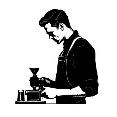 a black and white drawing of a man making coffee black, coffee, drawing, illustration, man 