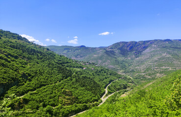 A View of lush green valleys and rolling hills under a clear blue sky. The winding road adds a serene touch, making it perfect for themes related to exploration and tranquility.