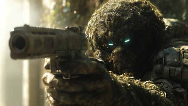 A camouflaged sniper in a ghillie suit aims a rifle, blending with the woodland surroundings. The scene suggests stealth and precision in a tactical operation.