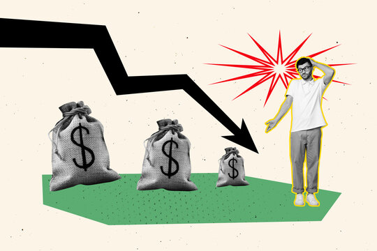 Poster trend sketch template photo collage of inflation young man stand confused arrow down less money bag low salary trade cash economy