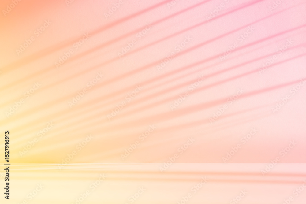Fototapete Abstract pink color gradient studio background for product presentation. Empty orange room with shadows of window and palm leaves. 3d yellow room with copy space. Summer concept. Blurred backdrop.