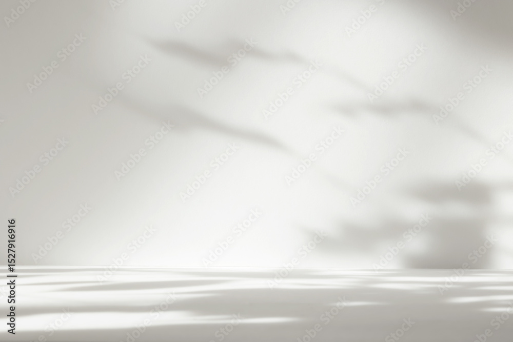Poster Abstract white color gradient studio background for product presentation. Empty room with shadows of window and flowers and plant leaves . 3d grey room with copy space. Blurred backdrop.