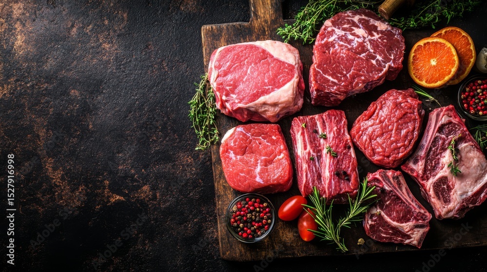 Aufkleber A top-down view of different raw meat cuts, neatly arranged on a dark rustic background