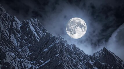 Full moon shining above rugged mountain peaks surrounded by moving clouds in night sky, dramatic dark landscape scene with mysterious cinematic atmosphere - Powered by Adobe