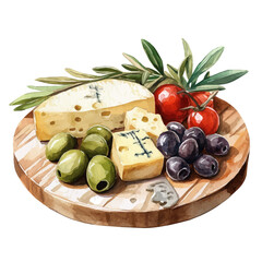Olive And Cheese Platter, watercolor illustration vector, high quality, isolated on a white background.