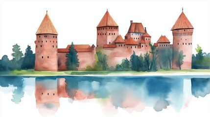 Trakai Island Castle. Trakai Island Castle hand drawn watercolor illustration