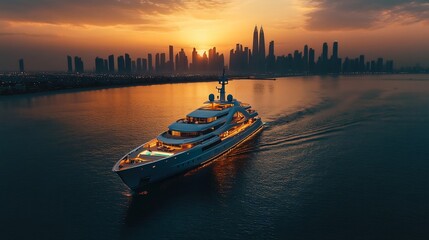 Naklejka premium Large luxury yacht sailing in the ocean on city background at sunset