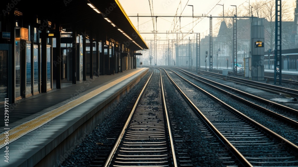 Poster a train station platform with empty railway tracks, waiting for the next arrival