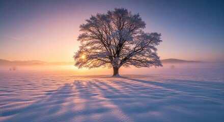 A lone snow covered tree stands majestically in a vast winter field at sunrise