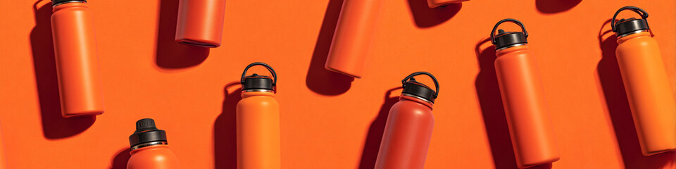 An overhead shot of various orange and red reusable water bottles on an orange colored background