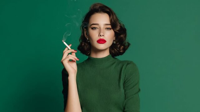 Elegant woman with vintage hairstyle red lips and cigarette wearing green dress on green background fashion