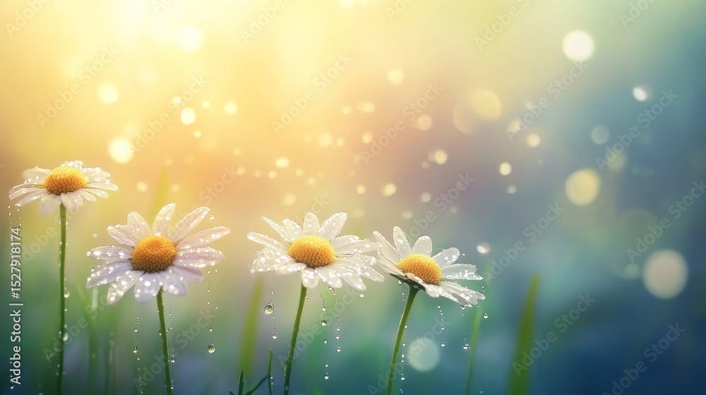 Poster a tranquil scene of a bunch of daisies with water droplets, captured in soft morning light, creating