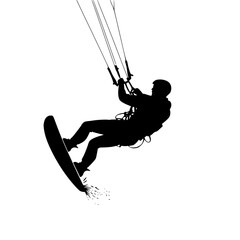 a black and white silhouette of a person parasailing over water black, board, man, person, rope, silhouette, water , Generative art.