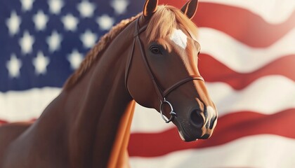 Stunning Portrait Of A Majestic American Quarter Horse Bathed In Summer Sunlight With The Usa Flag In The Background