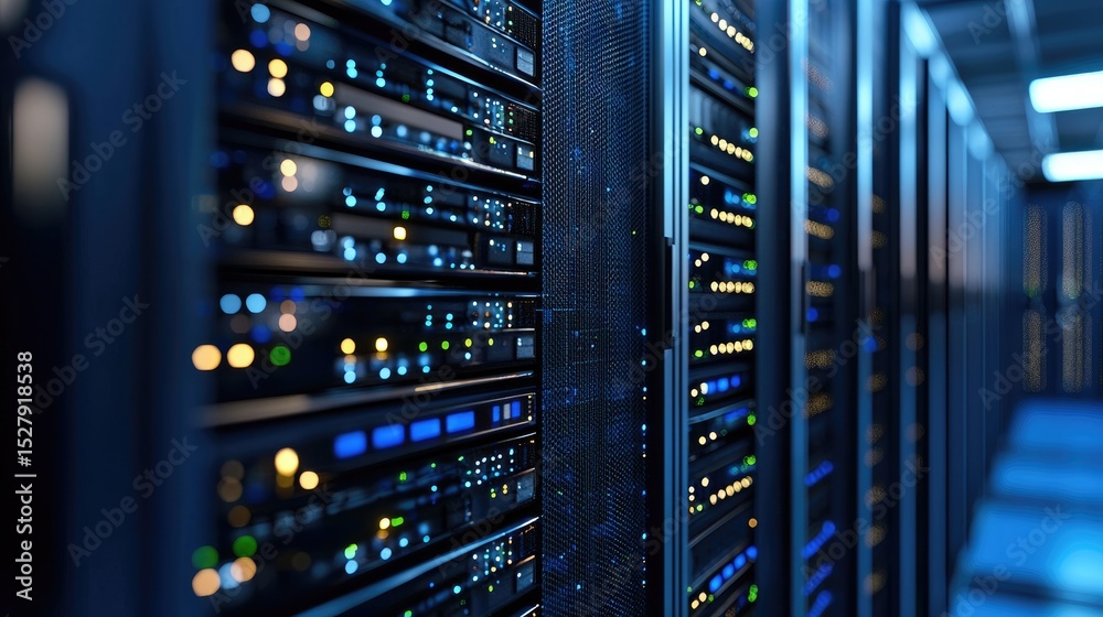 Poster Advanced server room with illuminated data racks and blinking indicator lights, suitable for representing cloud services, IT infrastructure, networking systems, or secure digital environments