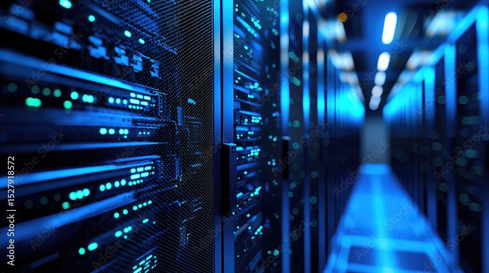 Fototapete Blue-lit data server racks in a high-security modern data center, ideal for cloud computing, network storage, cybersecurity, and tech infrastructure design visuals