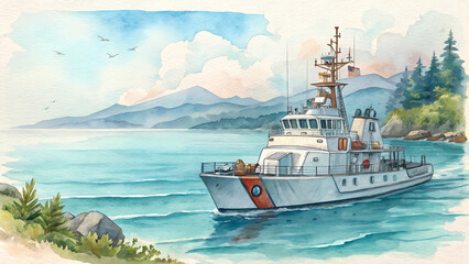 Naklejka premium Watercolor Coast Guard Boat Scene – Classic Vessel in Muted Colors with Calm Waters & Distant Coastlines, Evoking Duty & Adventure + Copy Space