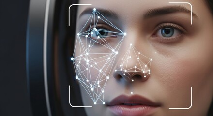 Close-up of a female face with a glowing polygonal mesh overlay, illustrating concepts of facial recognition, AI, and biometric technology.
