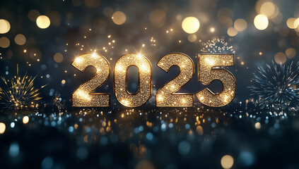 Chiffres dorés 2025 entourés de feux d’artifice et d’effets lumineux scintillants sur fond sombre pour illustrer événements et célébrations tout au long de l’année 2025