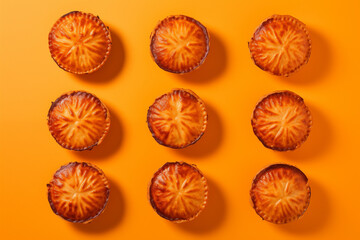 Neuf ruddy potato pies alignés en grille régulière sur fond orange, vue du dessus pour une composition graphique colorée et gourmande de ces tourtes salées anglaises traditionnelles