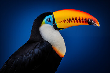 Toucan toco au plumage noir, bleu et blanc posé sur une branche de bois, bec orange vif typique, fond noir mettant en valeur les couleurs tropicales de l’oiseau exotique