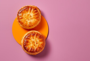 Deux ruddy potato pies dorés sur petite assiette orange posée sur fond rose uni, composition minimaliste en vue du dessus pour design culinaire contrasté