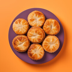 Assiette violette remplie de petits chaussons dorés à la pomme de terre (ruddy potato pie) sur fond orange uni, vue du dessus avec composition graphique appétissante