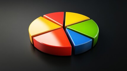 Obraz premium A vibrant D pie chart displaying different market shares, with glossy segments in various colors, set against a sleek dark background for a modern look.
