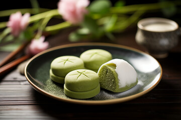  Pâtisseries japonaises wagashi au matcha servies sur assiette noire avec fleurs de cerisier en arrière-plan, ambiance traditionnelle et élégante de dégustation
