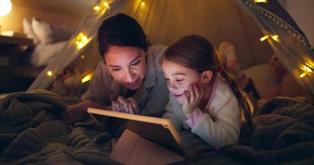 Storytelling, tablet and mother with child in bedroom for bedtime story, reading and bonding. Support, night and fairytale with woman and kid in family home for love, teaching and happiness together - Powered by Adobe