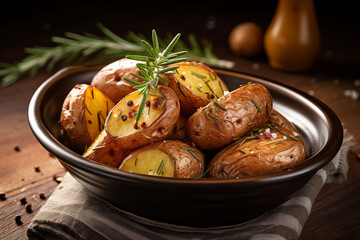  Pommes de terre rôties au four servies dans un plat rustique avec romarin frais, sel et poivre sur table en bois
