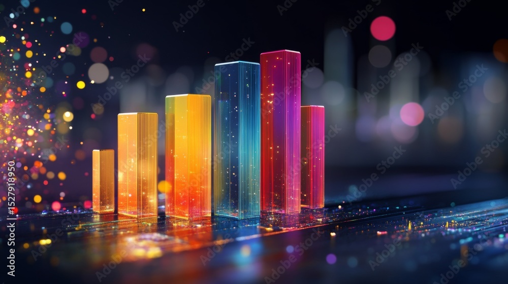 Poster a vibrant d bar graph with colorful bars rising at various heights, displayed on a sleek dark backgr