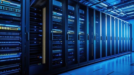 High-tech server room featuring sleek glass doors and vibrant blue-lit racks, perfect for showcasing cloud infrastructure, secure data storage, and advanced enterprise technology systems