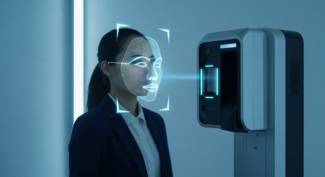 Technician woman interacting with a facial recognition scanner, displaying a glowing polygonal human face, illustrating modern biometric security and access control.