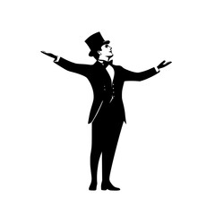 a black silhouette of a man wearing a suit and top hat with his arms wide open arm, black, hand, hat, man, open, silhouette, stand, suit, wear 