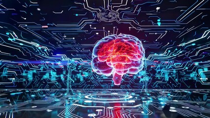 Futuristic AI interface with illuminated red brain floating in digital neon-blue network environment, symbolizing advanced intelligence, innovation, and neural processing systems - Powered by Adobe