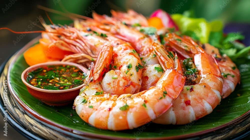 Poster a vibrant plate of large grilled shrimp served with a tangy dipping sauce and colorful vegetables, c