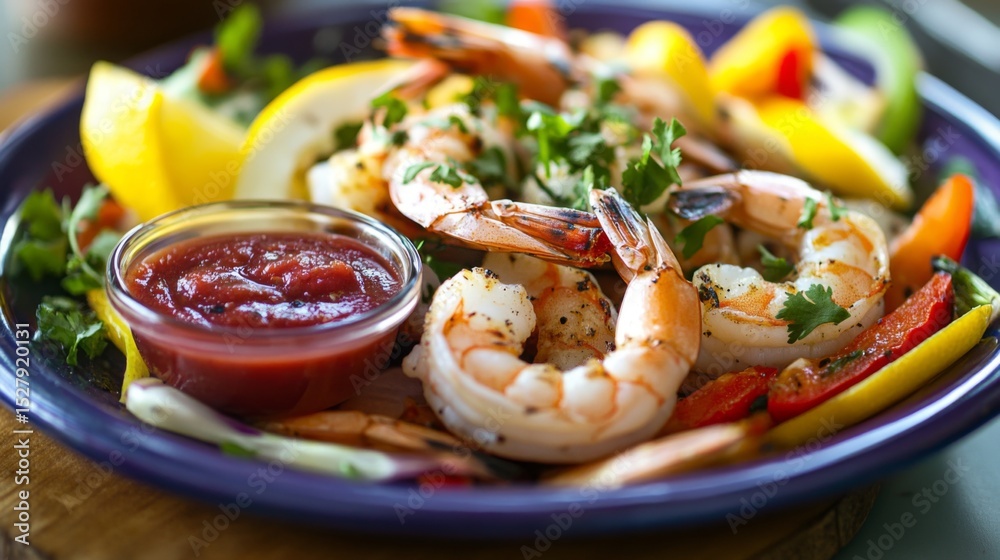 Poster a vibrant plate of large grilled shrimp served with a tangy dipping sauce and colorful vegetables, c