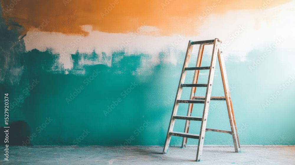 Aufkleber a view of a partially painted room, with one wall in a soothing color and a ladder leaning against a