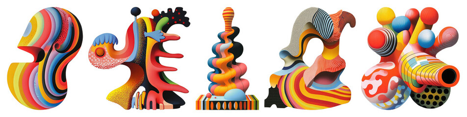 PNG Colorful abstract 3D shapes with stripes and patterns element set on transparent background.